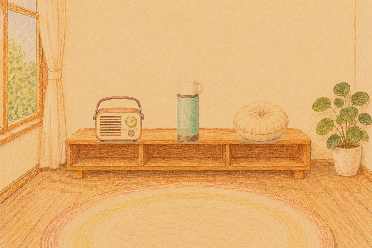하남 여성전용 스웨디시 홈케어 안내 그림, 저녁의 창가 낮은 선반 위에 놓인 작은 라디오, 보온병, 둥근 쿠션