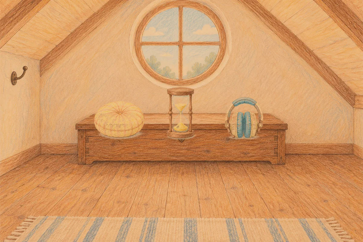 하남 여성전용 아로마 가격 안내 그림, 저녁의 다락방 나무 궤짝 위에 놓인 둥근 쿠션, 모래시계, 헤드폰