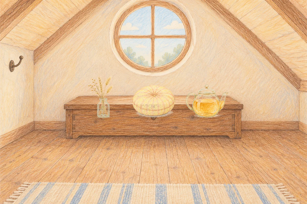 하남 여성전용 얼굴 경락 안내 그림, 낮의 다락방 나무 궤짝 위에 놓인 마른 풀을 꽂은 항아리, 둥근 쿠션, 유리 티포트