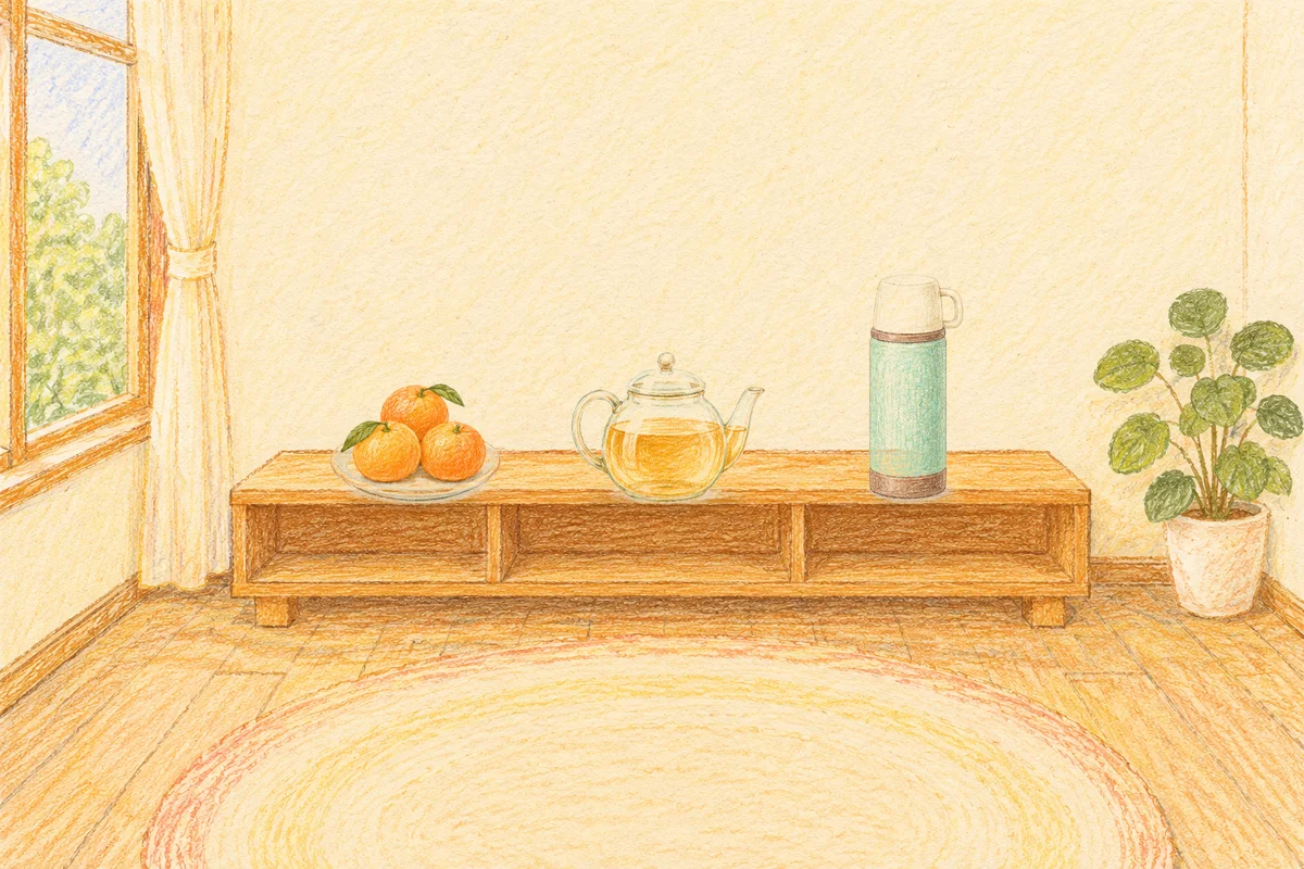 하남 여성전용 경락마사지 후기 안내 그림, 낮의 창가 낮은 선반 위에 놓인 귤이 담긴 접시, 유리 티포트, 보온병