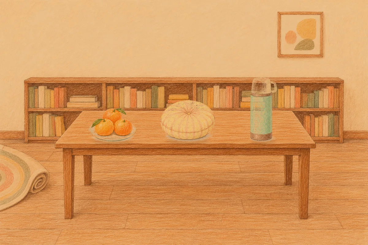 하남 여성전용 홈케어 안내 그림, 저녁의 서재 긴 책상 위에 놓인 귤이 담긴 접시, 둥근 쿠션, 보온병