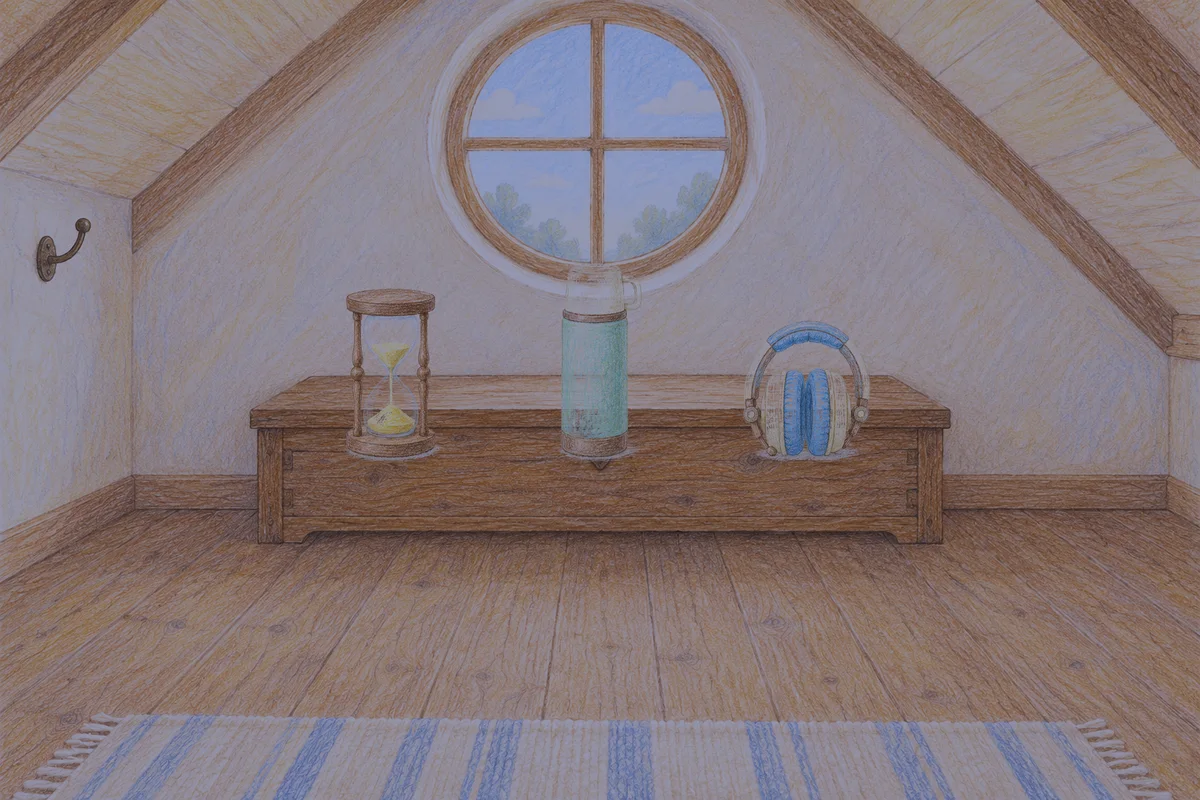 하남 여성전용 홈케어 서비스 안내 그림, 밤의 다락방 나무 궤짝 위에 놓인 모래시계, 보온병, 헤드폰