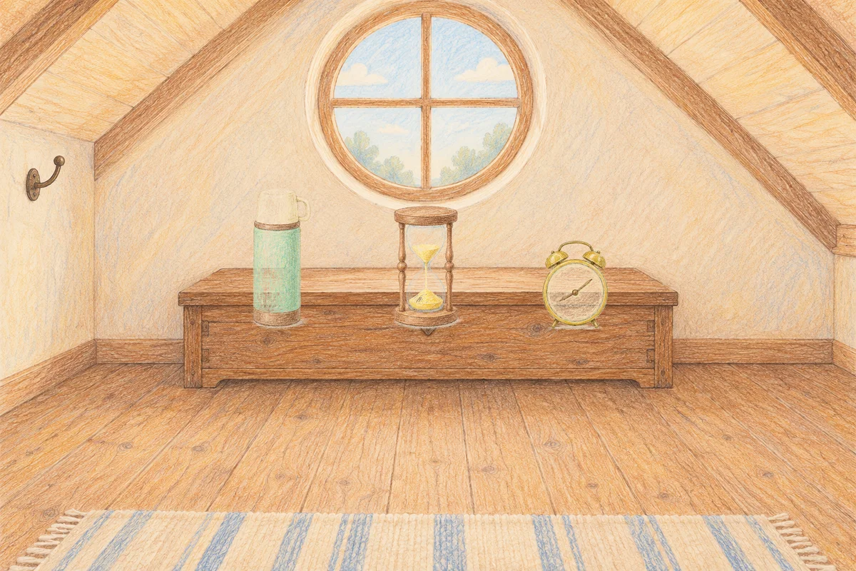 하남 여성전용 1인샵 안내 그림, 낮의 다락방 나무 궤짝 위에 놓인 보온병, 모래시계, 둥근 알람시계