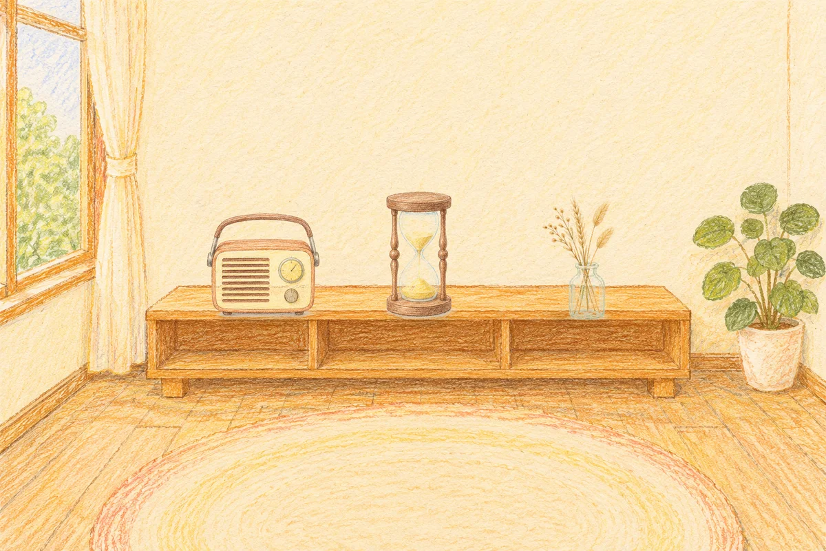 하남 여성전용 홈케어 추천 안내 그림, 낮의 창가 낮은 선반 위에 놓인 작은 라디오, 모래시계, 마른 풀을 꽂은 항아리