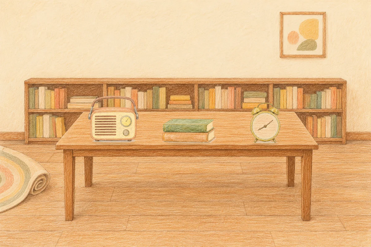 하남 여성전용 발관리 안내 그림, 낮의 서재 긴 책상 위에 놓인 작은 라디오, 책 두 권, 둥근 알람시계