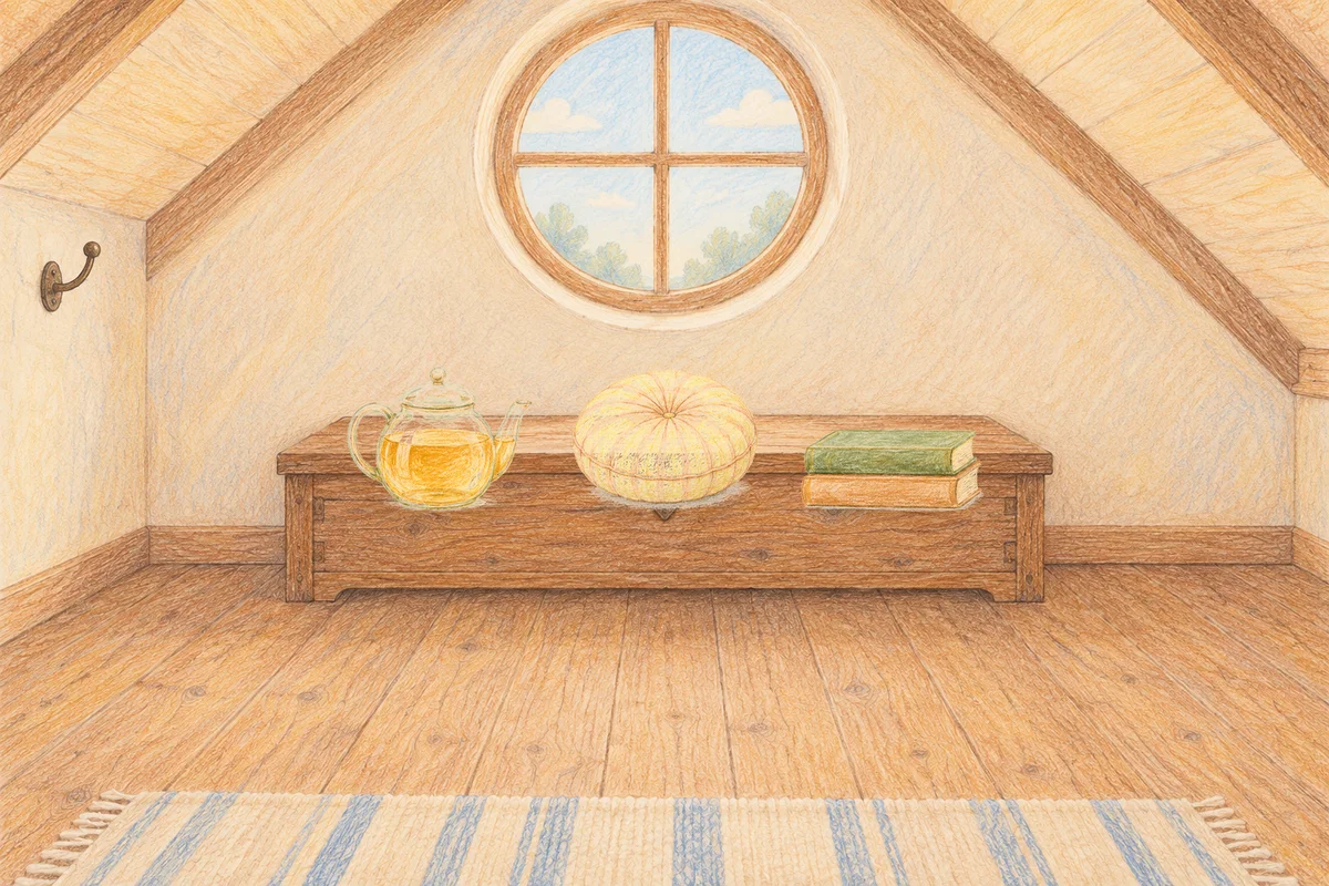 하남 여성전용 발마사지 안내 그림, 낮의 다락방 나무 궤짝 위에 놓인 유리 티포트, 둥근 쿠션, 책 두 권