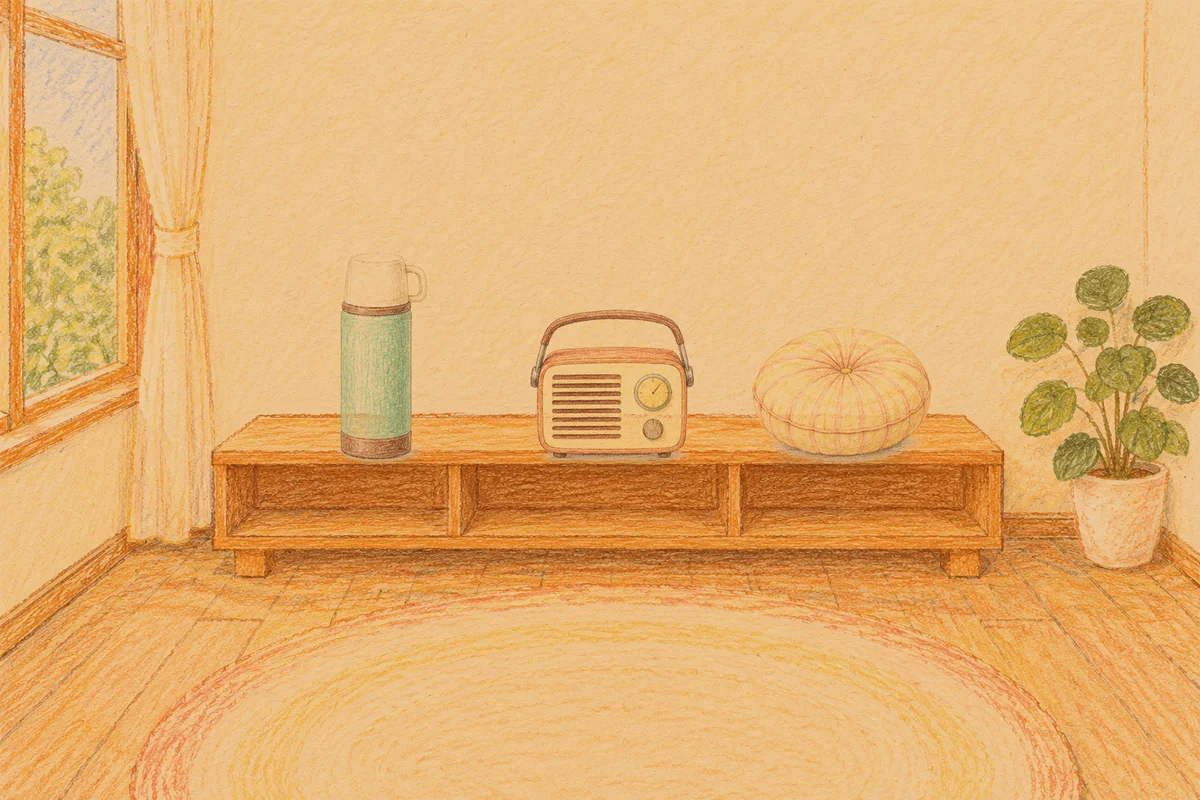 하남 여성전용 셀룰라이트 관리 안내 그림, 저녁의 창가 낮은 선반 위에 놓인 보온병, 작은 라디오, 둥근 쿠션