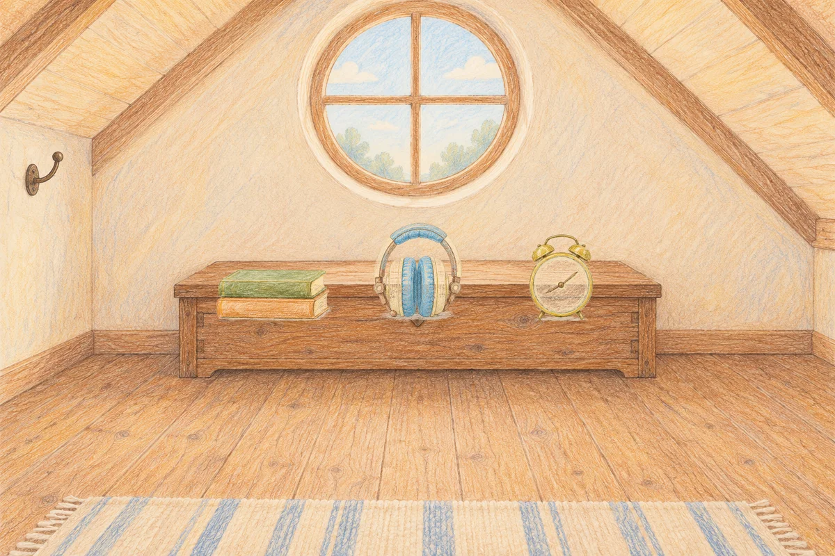 하남 여성전용 슬리밍 마사지 안내 그림, 낮의 다락방 나무 궤짝 위에 놓인 책 두 권, 헤드폰, 둥근 알람시계