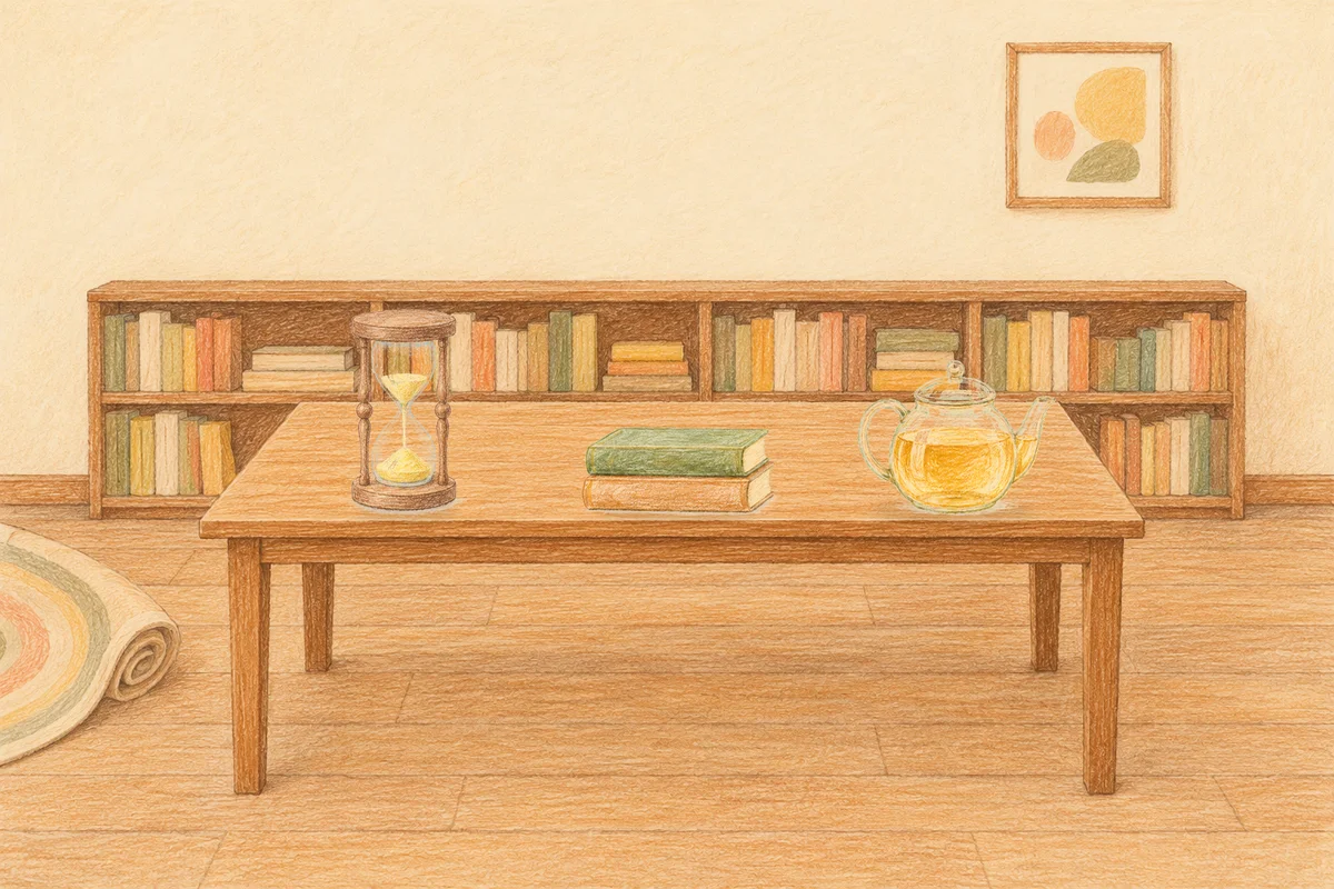 하남 여성전용 다이어트 마사지 안내 그림, 낮의 서재 긴 책상 위에 놓인 모래시계, 책 두 권, 유리 티포트