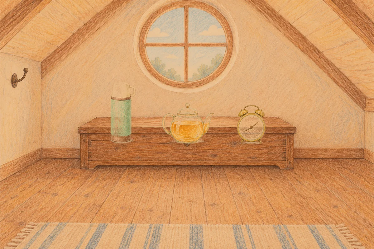 하남 여성전용 복부 마사지 안내 그림, 저녁의 다락방 나무 궤짝 위에 놓인 보온병, 유리 티포트, 둥근 알람시계
