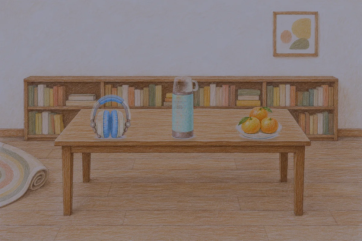 하남 여성전용 어깨 마사지 안내 그림, 밤의 서재 긴 책상 위에 놓인 헤드폰, 보온병, 귤이 담긴 접시