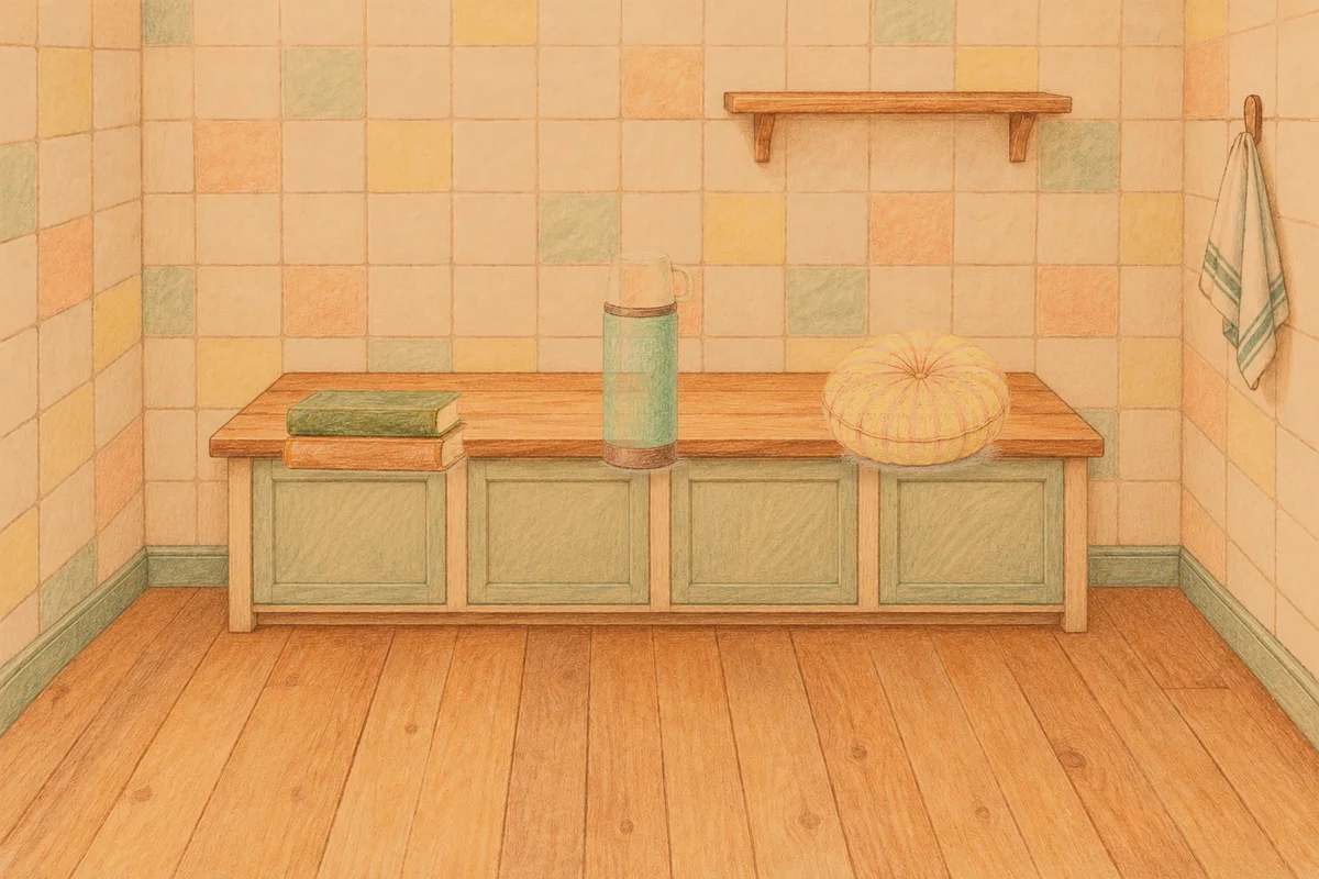 하남 여성전용 목 어깨 케어 안내 그림, 저녁의 부엌 나무 조리대 위에 놓인 책 두 권, 보온병, 둥근 쿠션
