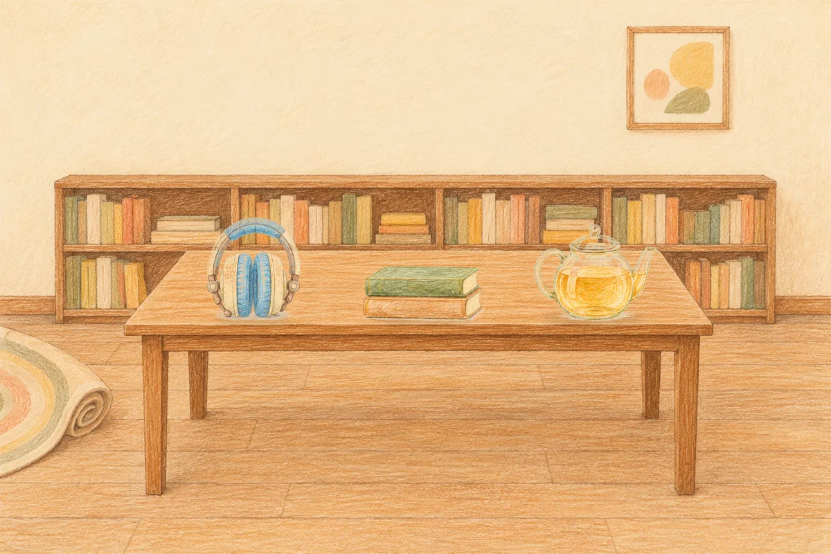 하남 여성전용 수면 케어 안내 그림, 낮의 서재 긴 책상 위에 놓인 헤드폰, 책 두 권, 유리 티포트