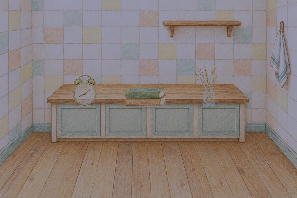 하남 여성전용 피로 회복 마사지 안내 그림, 밤의 부엌 나무 조리대 위에 놓인 둥근 알람시계, 책 두 권, 마른 풀을 꽂은 항아리