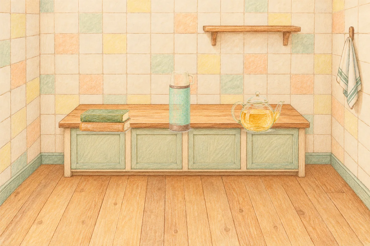 하남 여성전용 페이셜 마사지 안내 그림, 낮의 부엌 나무 조리대 위에 놓인 책 두 권, 보온병, 유리 티포트