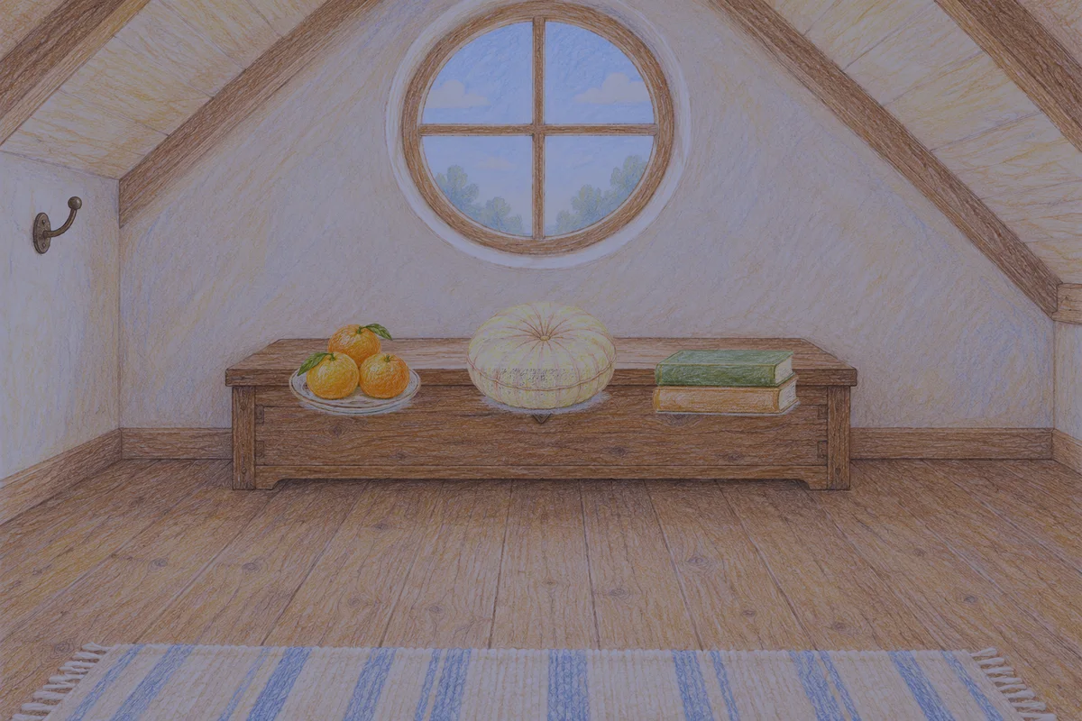 하남 여성전용 얼굴 마사지 안내 그림, 밤의 다락방 나무 궤짝 위에 놓인 귤이 담긴 접시, 둥근 쿠션, 책 두 권