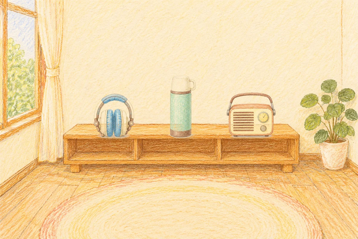 하남 여성전용 샵 마사지 안내 그림, 낮의 창가 낮은 선반 위에 놓인 헤드폰, 보온병, 작은 라디오