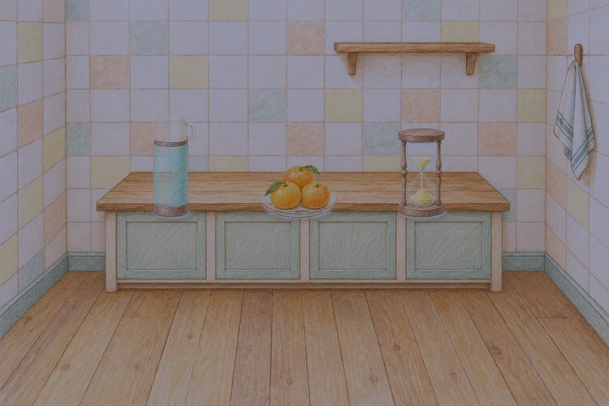 하남 여성전용 예약 마사지 안내 그림, 밤의 부엌 나무 조리대 위에 놓인 보온병, 귤이 담긴 접시, 모래시계