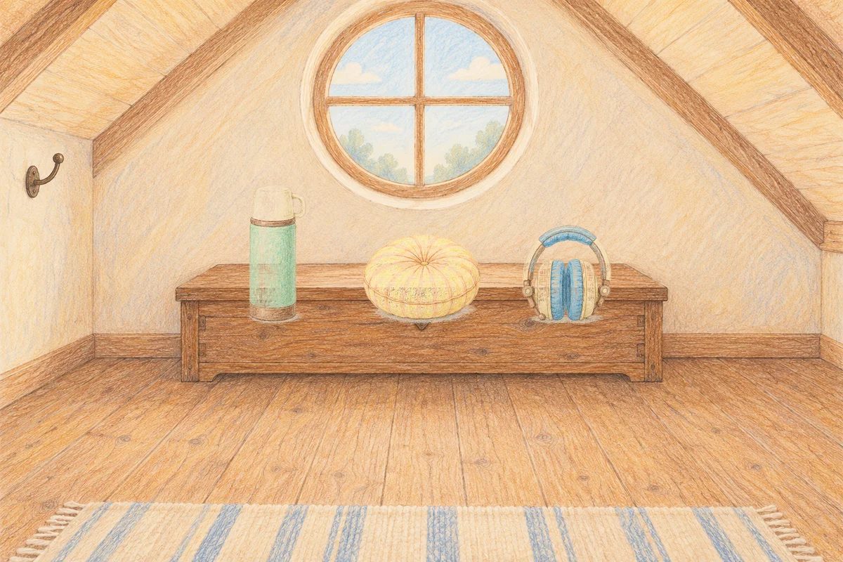하남 여성전용 가격 마사지 안내 그림, 낮의 다락방 나무 궤짝 위에 놓인 보온병, 둥근 쿠션, 헤드폰