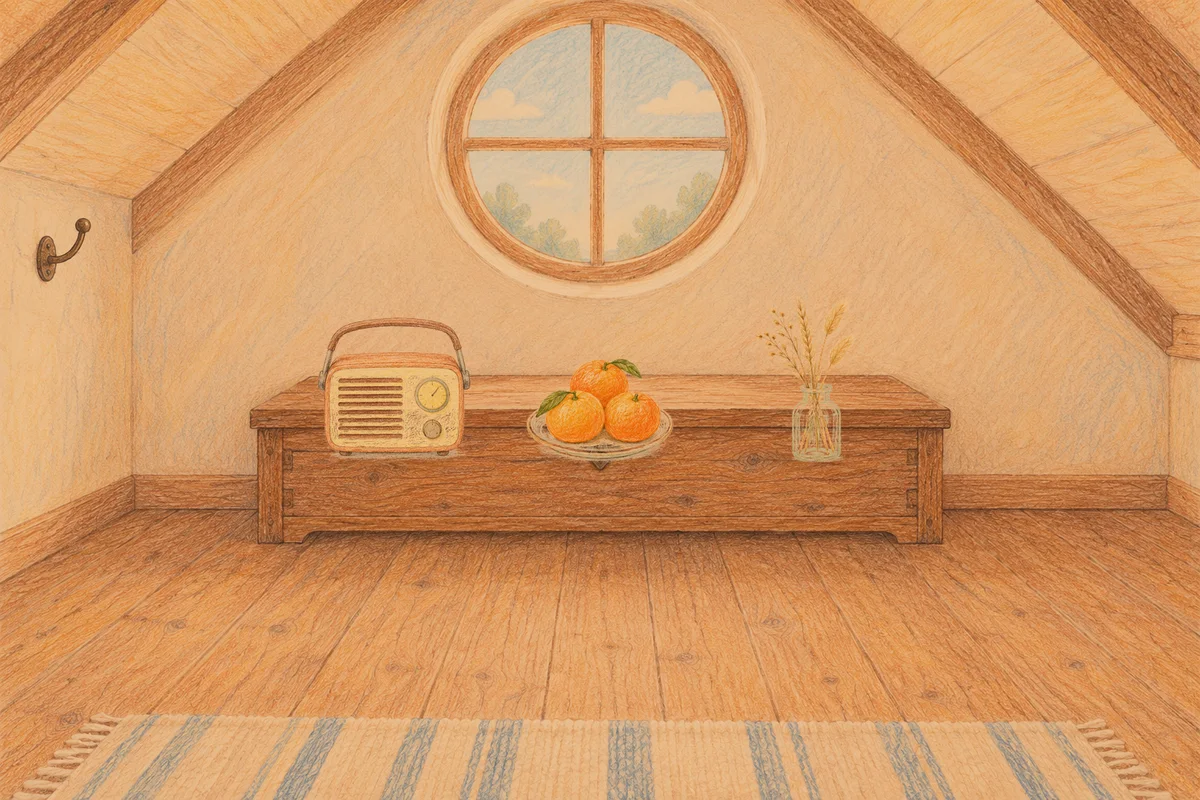 하남 여성전용 출장 마사지 안내 그림, 저녁의 다락방 나무 궤짝 위에 놓인 작은 라디오, 귤이 담긴 접시, 마른 풀을 꽂은 항아리