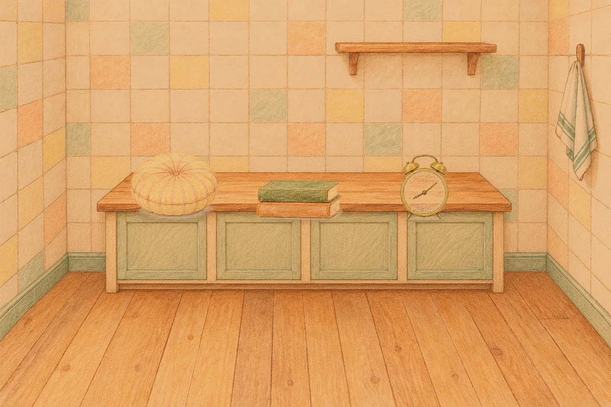 하남 여성전용 출장 마사지 후기 안내 그림, 저녁의 부엌 나무 조리대 위에 놓인 둥근 쿠션, 책 두 권, 둥근 알람시계