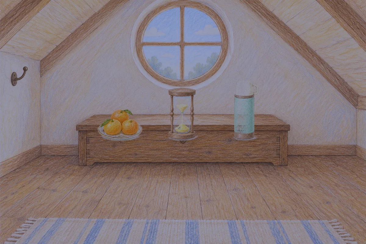 광명 여성전용 아로마테라피 안내 그림, 밤의 다락방 나무 궤짝 위에 놓인 귤이 담긴 접시, 모래시계, 보온병