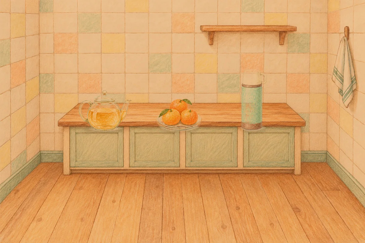 광명 여성전용 스웨디시 후기 안내 그림, 저녁의 부엌 나무 조리대 위에 놓인 유리 티포트, 귤이 담긴 접시, 보온병