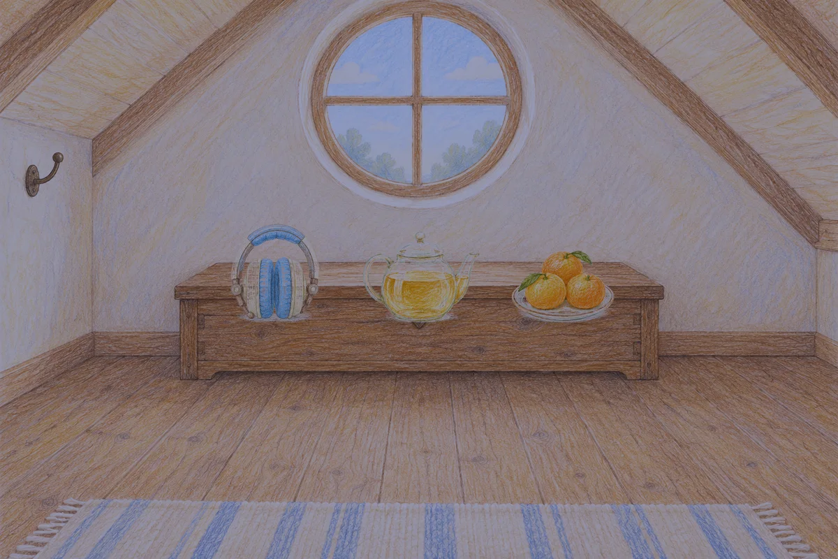 광명 여성전용 스웨디시 가격 안내 그림, 밤의 다락방 나무 궤짝 위에 놓인 헤드폰, 유리 티포트, 귤이 담긴 접시