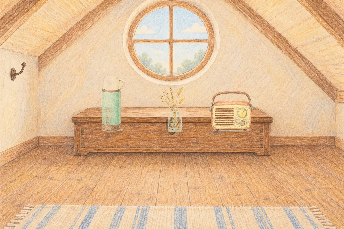 광명 여성전용 아로마 가격 안내 그림, 낮의 다락방 나무 궤짝 위에 놓인 보온병, 마른 풀을 꽂은 항아리, 작은 라디오