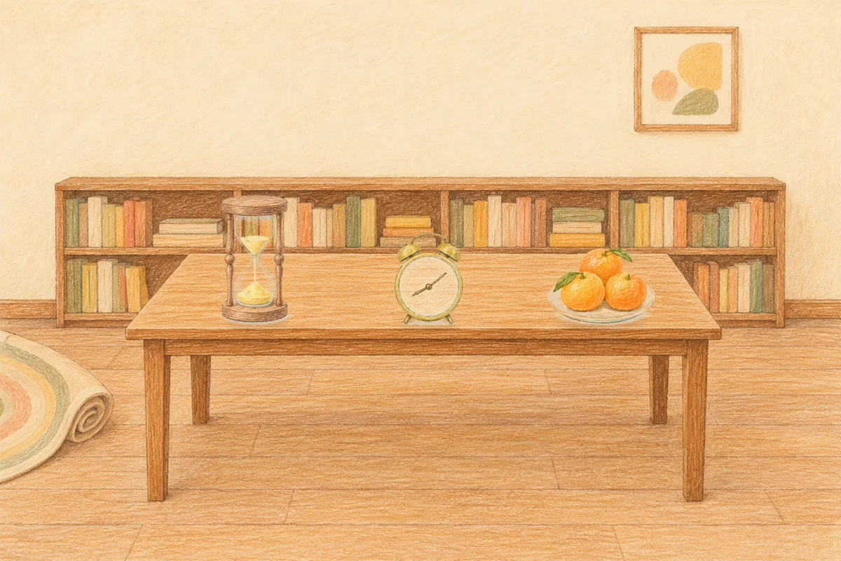 광명 여성전용 스웨디시 추천 안내 그림, 낮의 서재 긴 책상 위에 놓인 모래시계, 둥근 알람시계, 귤이 담긴 접시