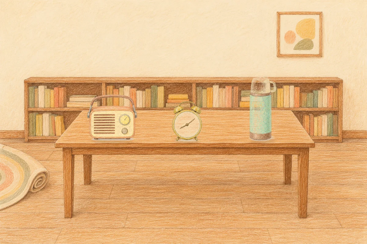 광명 여성전용 얼굴 경락 안내 그림, 낮의 서재 긴 책상 위에 놓인 작은 라디오, 둥근 알람시계, 보온병