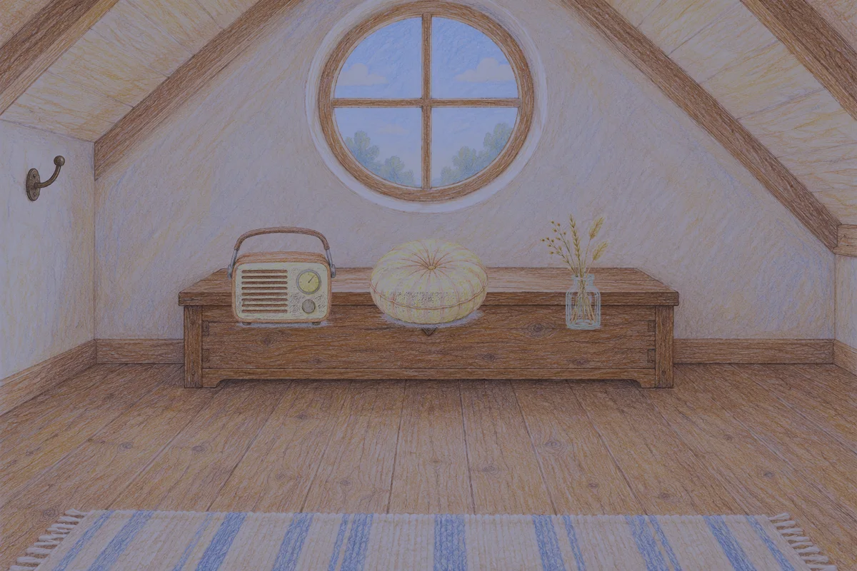 광명 여성전용 바디 경락 안내 그림, 밤의 다락방 나무 궤짝 위에 놓인 작은 라디오, 둥근 쿠션, 마른 풀을 꽂은 항아리