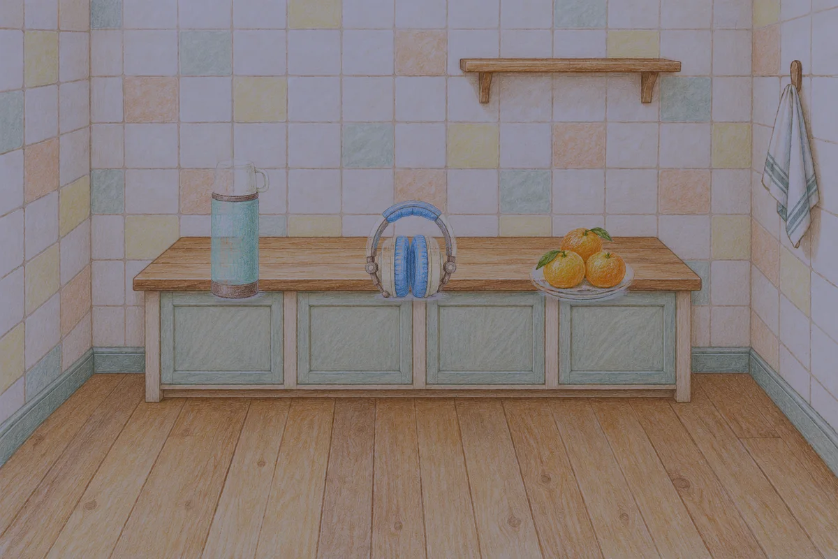 광명 여성전용 경락마사지 후기 안내 그림, 밤의 부엌 나무 조리대 위에 놓인 보온병, 헤드폰, 귤이 담긴 접시