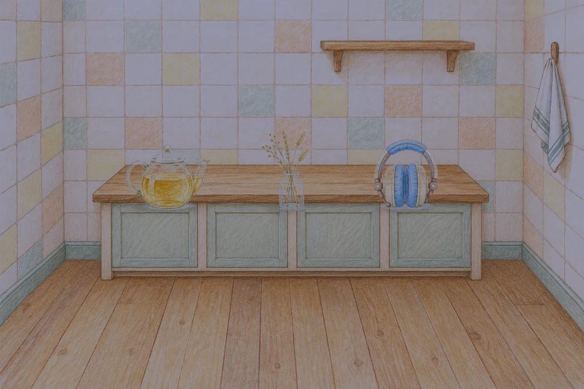 광명 여성전용 경락 가격 안내 그림, 밤의 부엌 나무 조리대 위에 놓인 유리 티포트, 마른 풀을 꽂은 항아리, 헤드폰