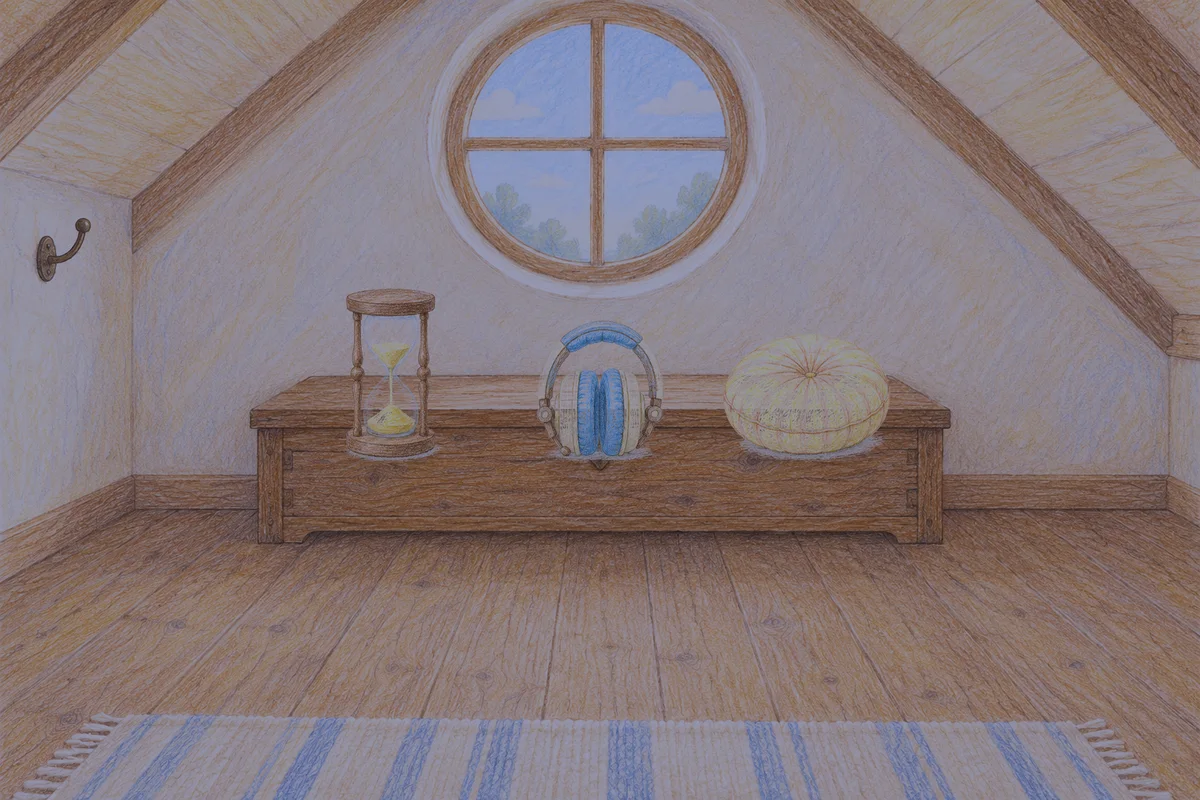 광명 여성전용 경락 추천 안내 그림, 밤의 다락방 나무 궤짝 위에 놓인 모래시계, 헤드폰, 둥근 쿠션