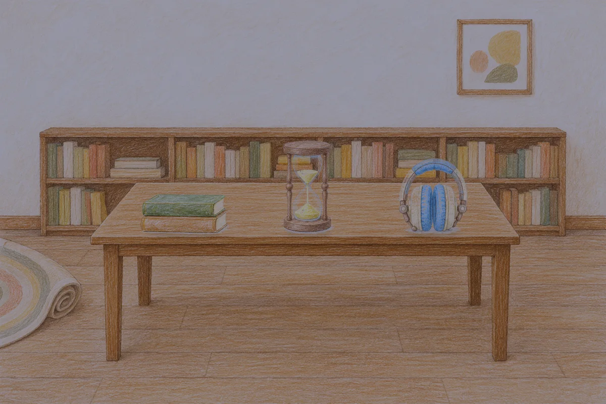 광명 여성전용 홈케어 안내 그림, 밤의 서재 긴 책상 위에 놓인 책 두 권, 모래시계, 헤드폰