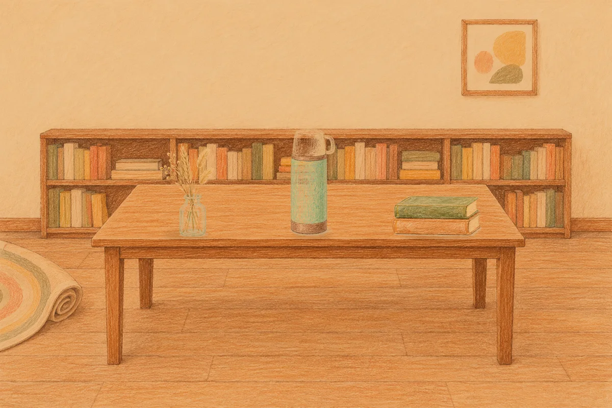 광명 여성전용 홈케어 서비스 안내 그림, 저녁의 서재 긴 책상 위에 놓인 마른 풀을 꽂은 항아리, 보온병, 책 두 권