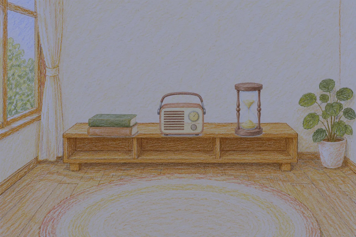 광명 여성전용 방문 홈케어 안내 그림, 밤의 창가 낮은 선반 위에 놓인 책 두 권, 작은 라디오, 모래시계