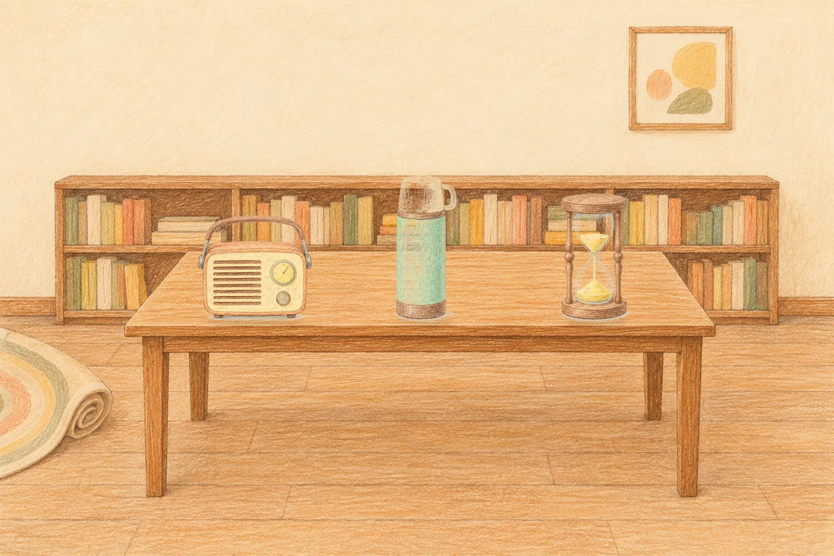 광명 여성전용 프라이빗 케어 안내 그림, 낮의 서재 긴 책상 위에 놓인 작은 라디오, 보온병, 모래시계