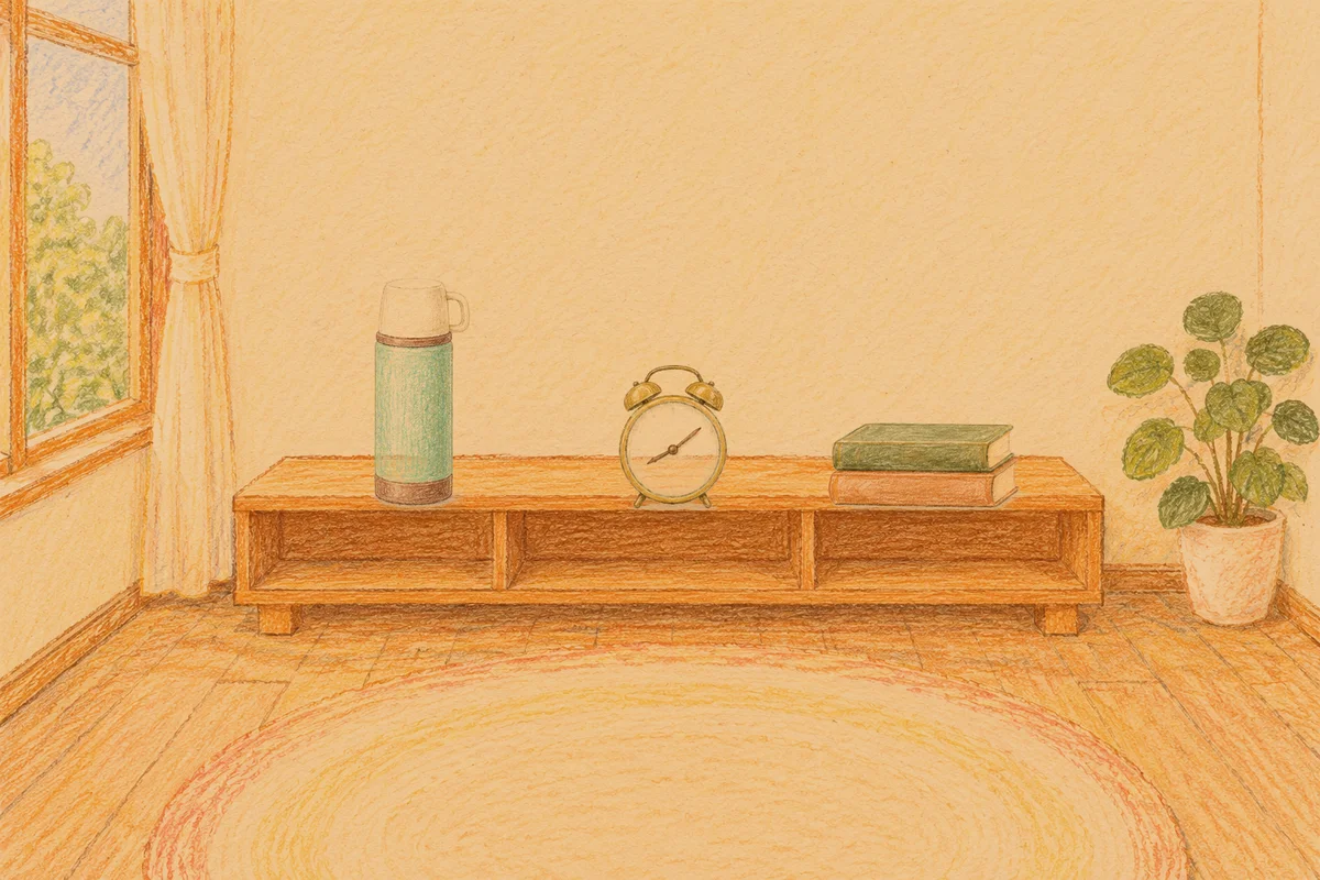 광명 여성전용 발관리 안내 그림, 저녁의 창가 낮은 선반 위에 놓인 보온병, 둥근 알람시계, 책 두 권