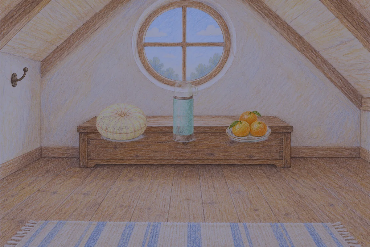광명 여성전용 발마사지 안내 그림, 밤의 다락방 나무 궤짝 위에 놓인 둥근 쿠션, 보온병, 귤이 담긴 접시