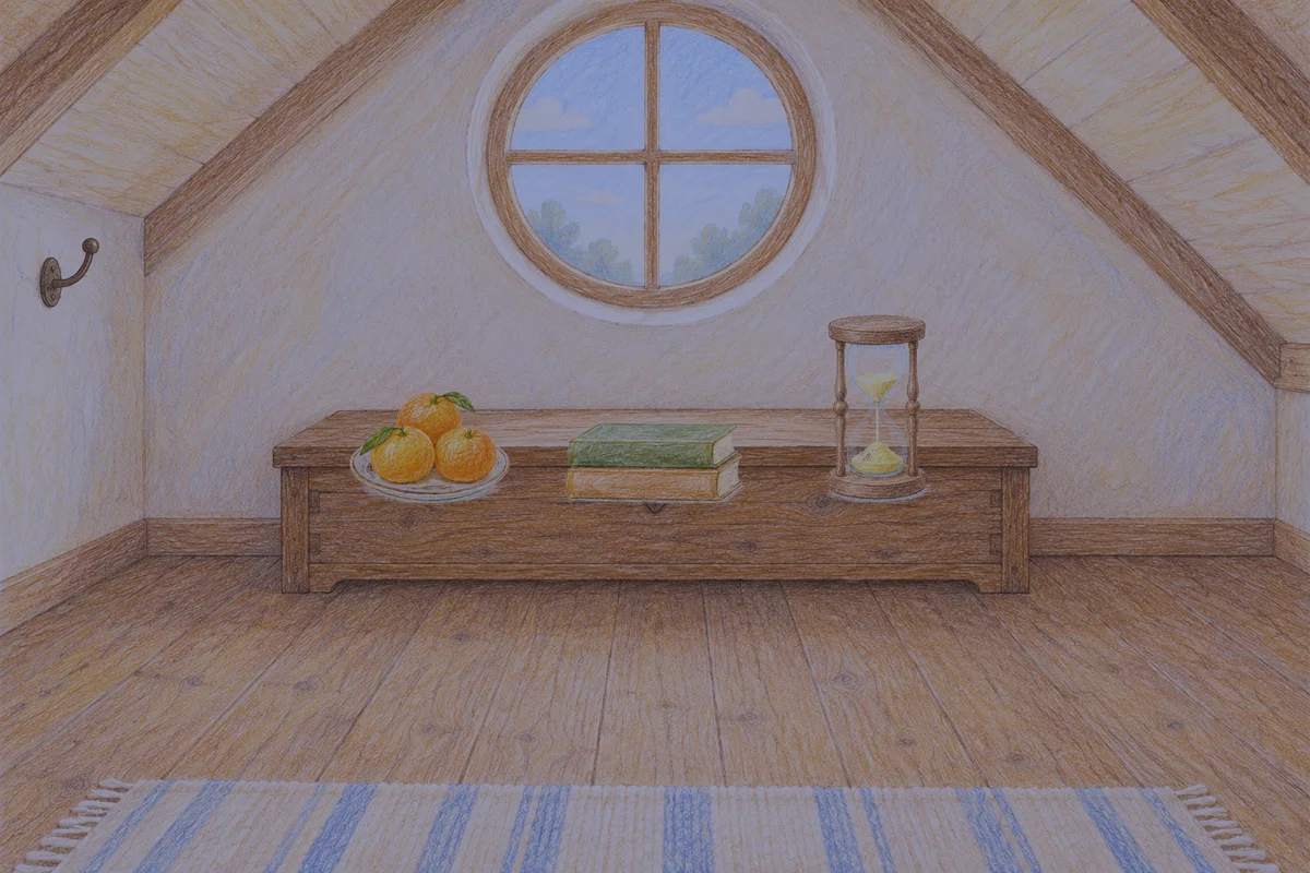 광명 여성전용 발 케어 안내 그림, 밤의 다락방 나무 궤짝 위에 놓인 귤이 담긴 접시, 책 두 권, 모래시계