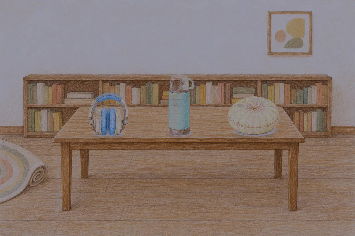 광명 여성전용 발관리 추천 안내 그림, 밤의 서재 긴 책상 위에 놓인 헤드폰, 보온병, 둥근 쿠션