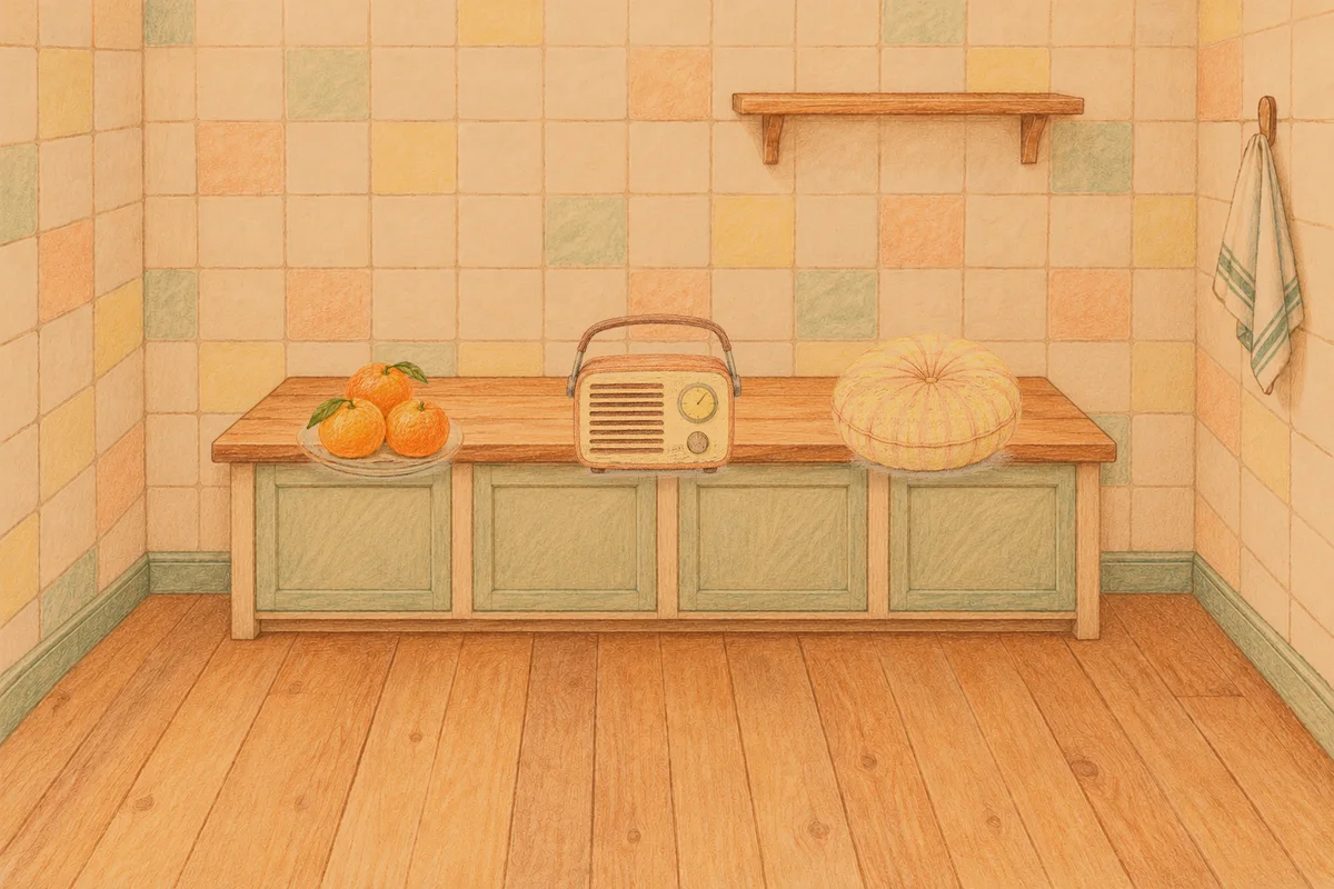 광명 여성전용 림프 마사지 안내 그림, 저녁의 부엌 나무 조리대 위에 놓인 귤이 담긴 접시, 작은 라디오, 둥근 쿠션