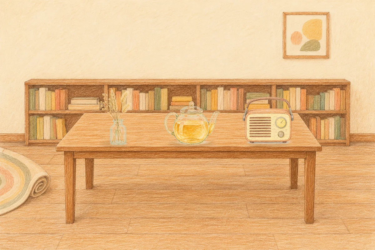 광명 여성전용 부종 케어 안내 그림, 낮의 서재 긴 책상 위에 놓인 마른 풀을 꽂은 항아리, 유리 티포트, 작은 라디오