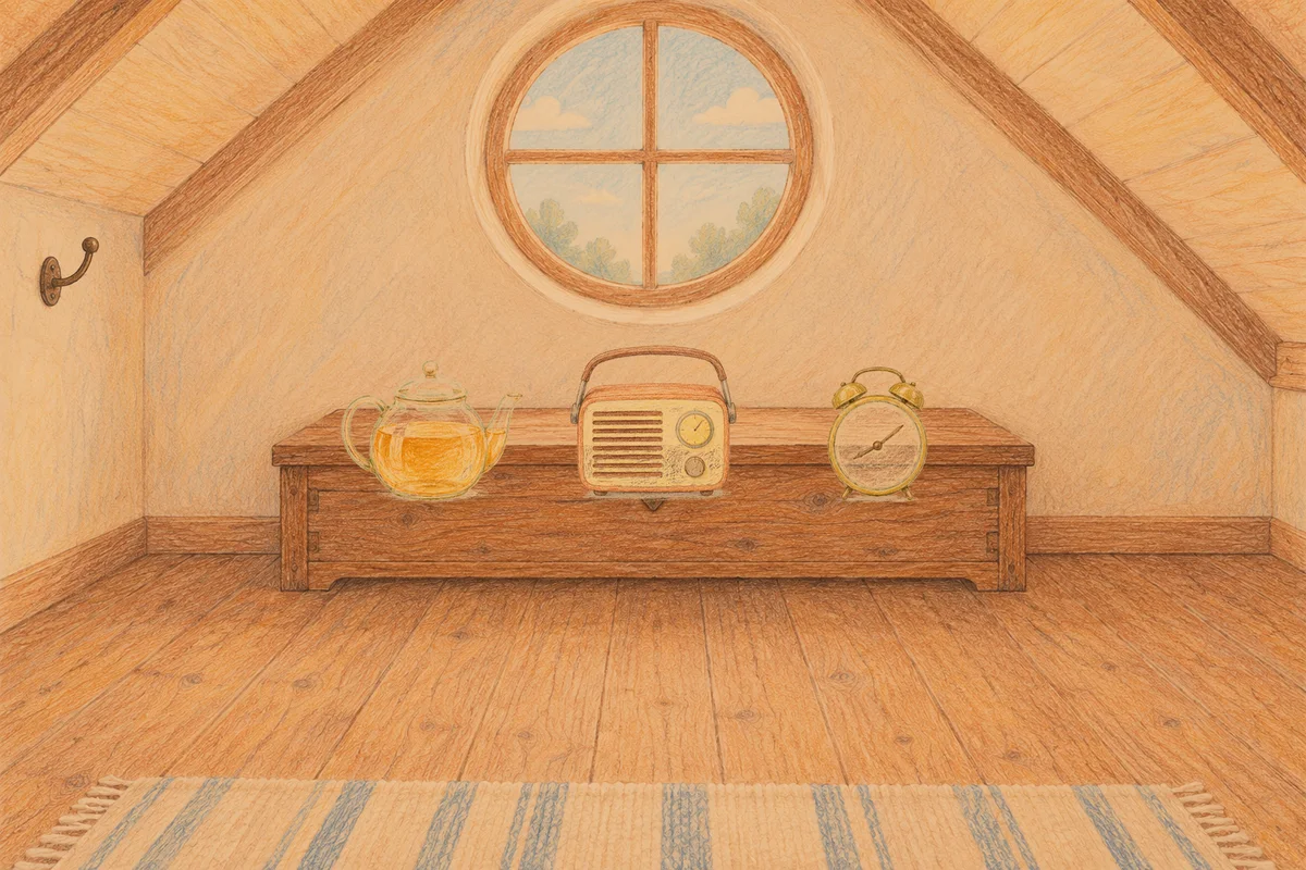 광명 여성전용 디톡스 마사지 안내 그림, 저녁의 다락방 나무 궤짝 위에 놓인 유리 티포트, 작은 라디오, 둥근 알람시계