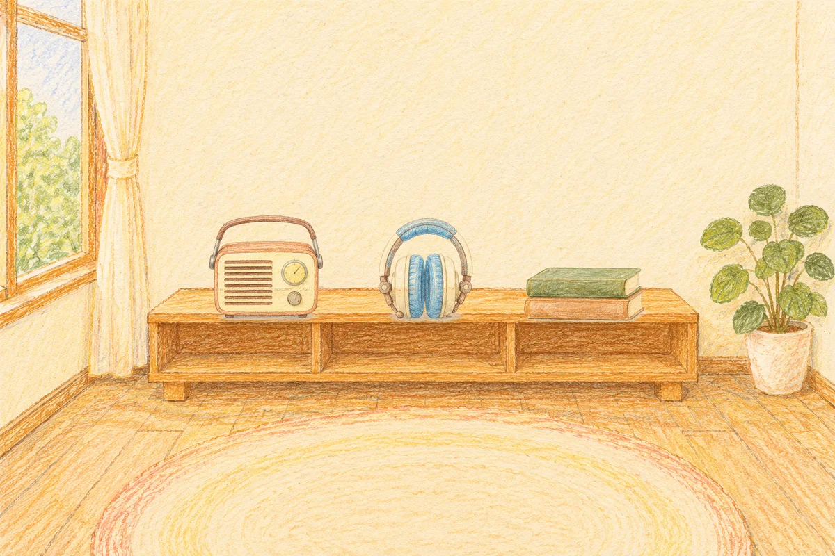 광명 여성전용 다이어트 마사지 안내 그림, 낮의 창가 낮은 선반 위에 놓인 작은 라디오, 헤드폰, 책 두 권