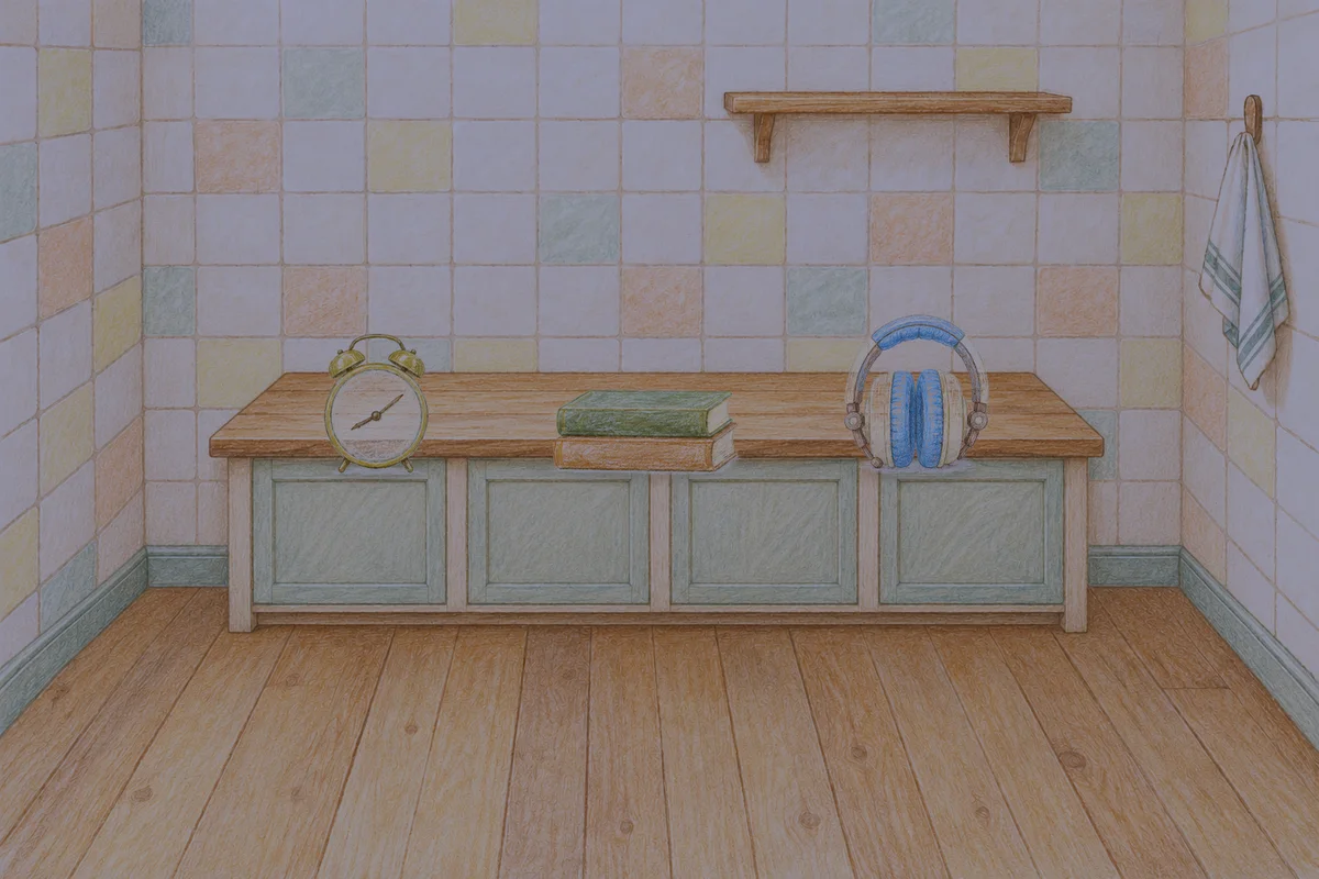 광명 여성전용 등 마사지 안내 그림, 밤의 부엌 나무 조리대 위에 놓인 둥근 알람시계, 책 두 권, 헤드폰
