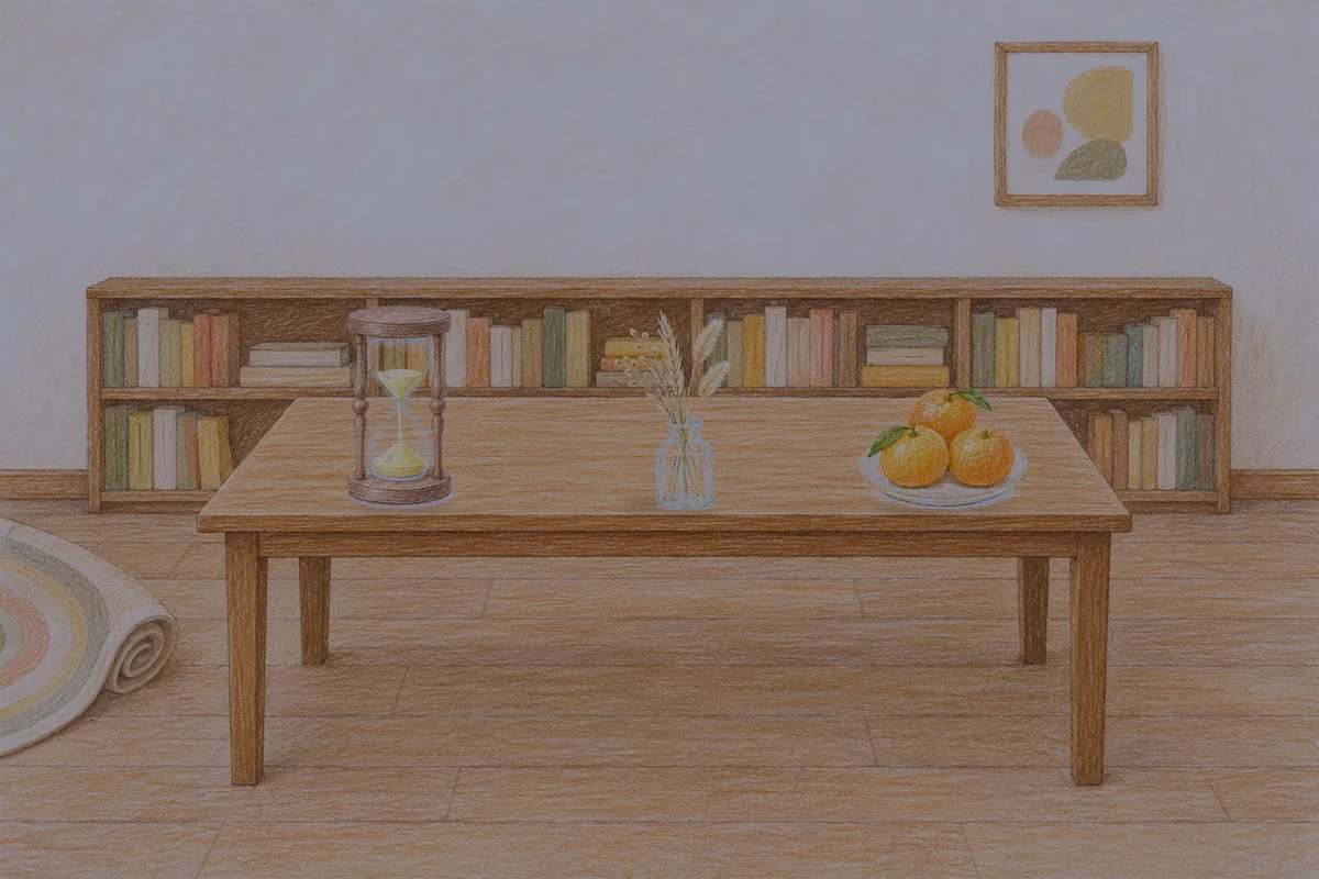 광명 여성전용 두통 완화 마사지 안내 그림, 밤의 서재 긴 책상 위에 놓인 모래시계, 마른 풀을 꽂은 항아리, 귤이 담긴 접시
