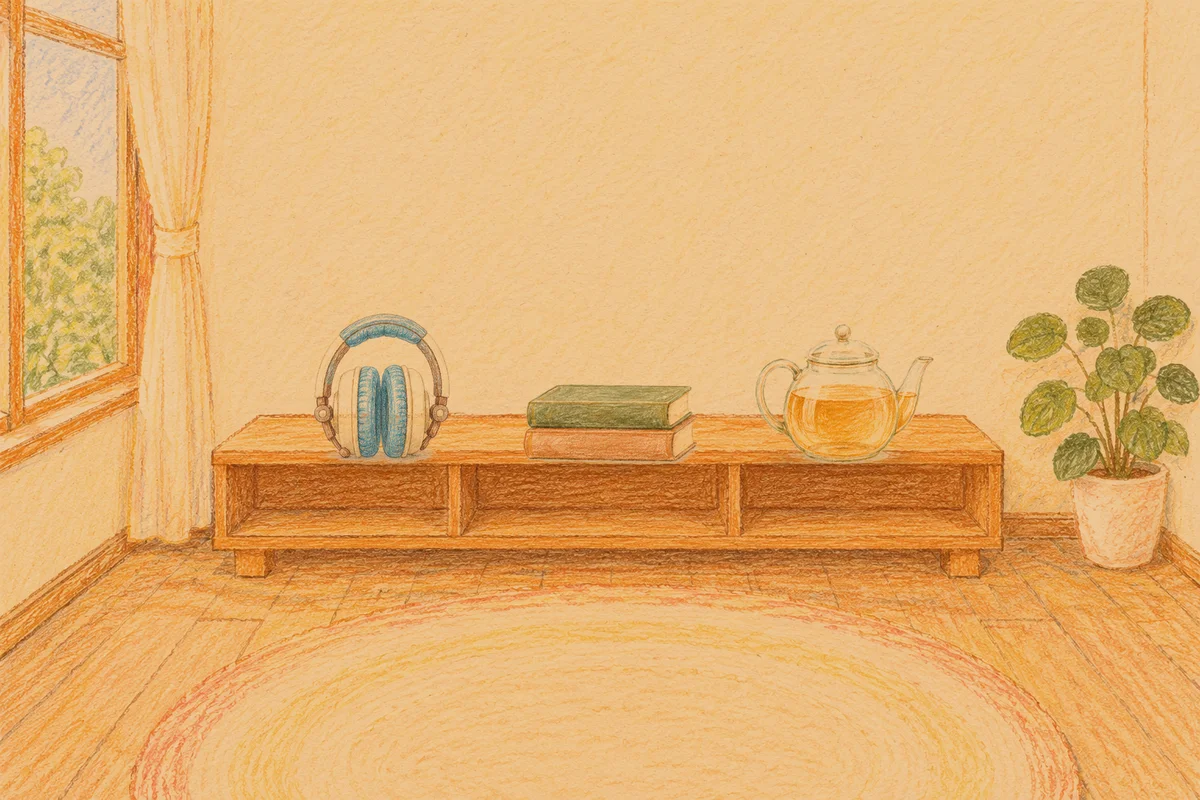 광명 여성전용 후기 마사지 안내 그림, 저녁의 창가 낮은 선반 위에 놓인 헤드폰, 책 두 권, 유리 티포트